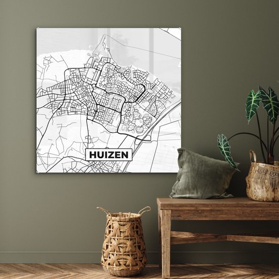 ® Glasschilderij 90x90 cm - Schilderij acrylglas - Kaart - Huizen - Zwart - Wit - Foto op glas - Muurdecoratie woonkamer - Wanddecoratie slaapkamer - Schilderijen
