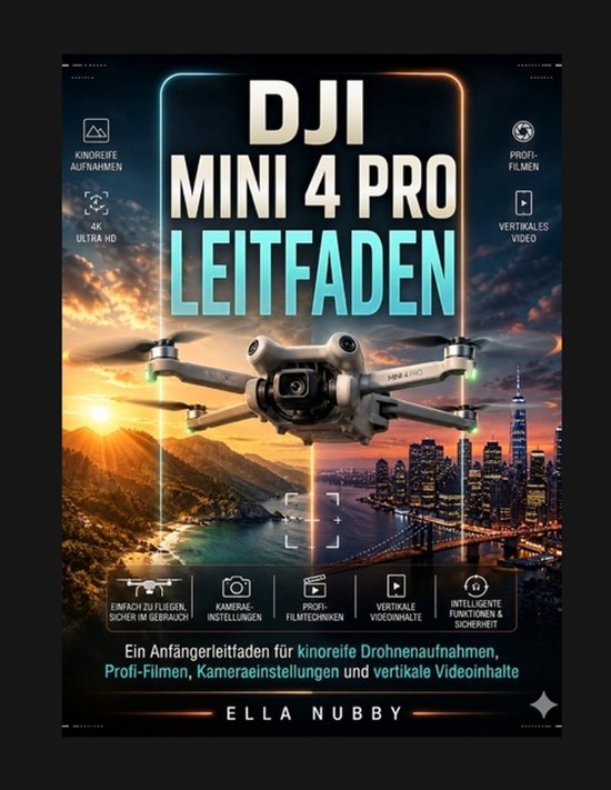 Dji Mini 4 Pro Leitfaden met drone vliegend over water en stad bij zonsondergang.