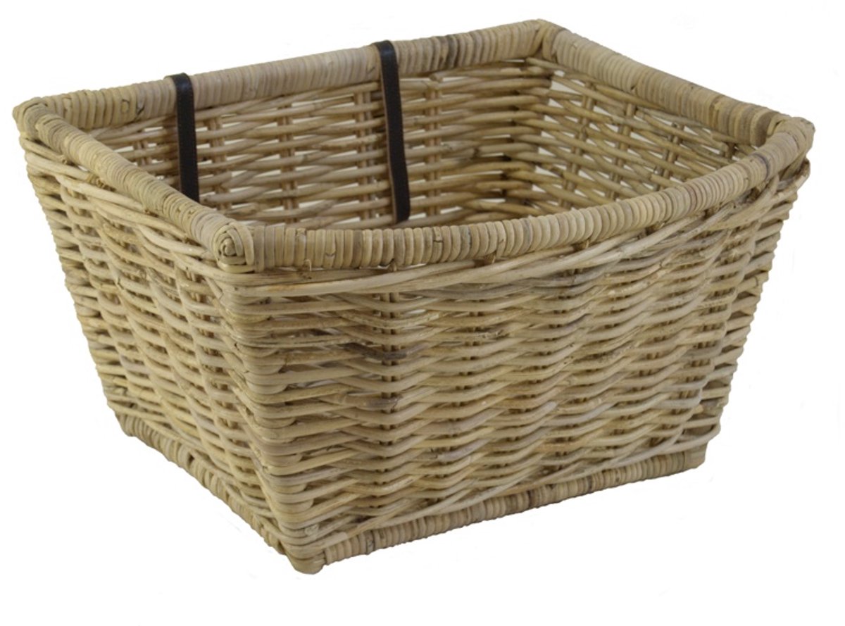 Handgemaakt Orgineel design stivige Fietsmand Silfra 47x42x29 Naturel Rotan met leren riempjes