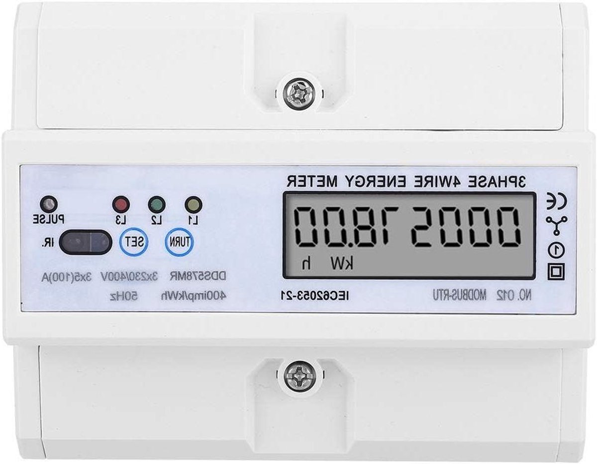 Energiemeter - Stroommeter Vermogen - Energie Verbruik Meten - 3 Fase 4 Draad - 100A - Grijs