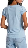 Model met lichtblauwe top met opgerolde mouwen en jeans, achterkant.