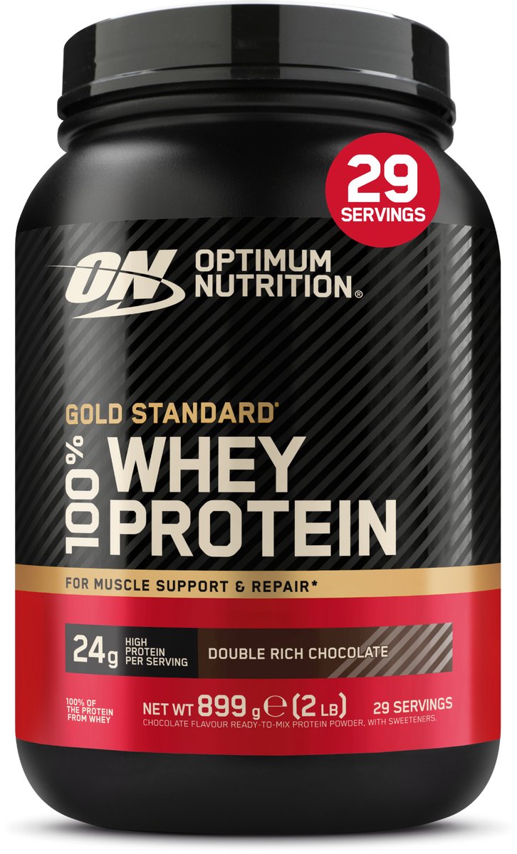Bol.com Optimum Nutrition Gold Standard 100% Whey Protein - Double Rich Chocolate - Proteine Poeder - Eiwitshake - 900 gram (28 ... aanbieding
