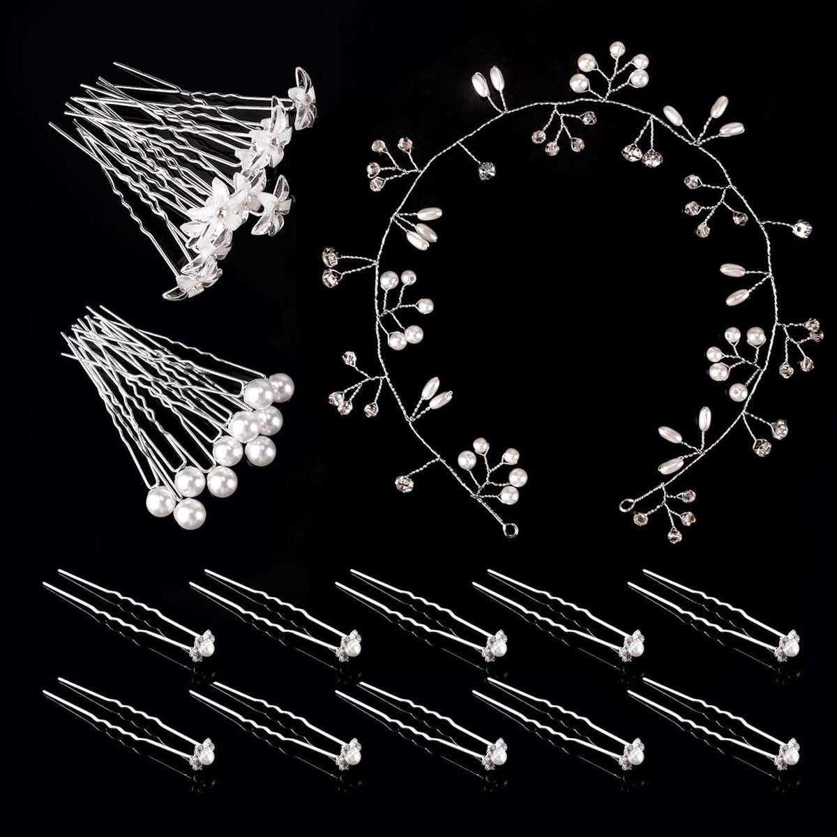 Bloem Haarclips - Parels Speldjes - Bruiloft Styling - 30 Delige Set - 100 gram - Zilverkleurig