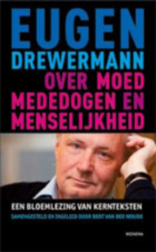 Boekomslag met blauwe en roze tekst op zwarte achtergrond en een portret van Eugen Drewermann.