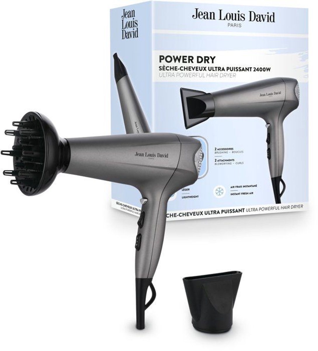 Haardroger - JEAN LOUIS DAVID - Power Dry - Diffuser - 3 temperatuurstanden - 2400 W - Grijs