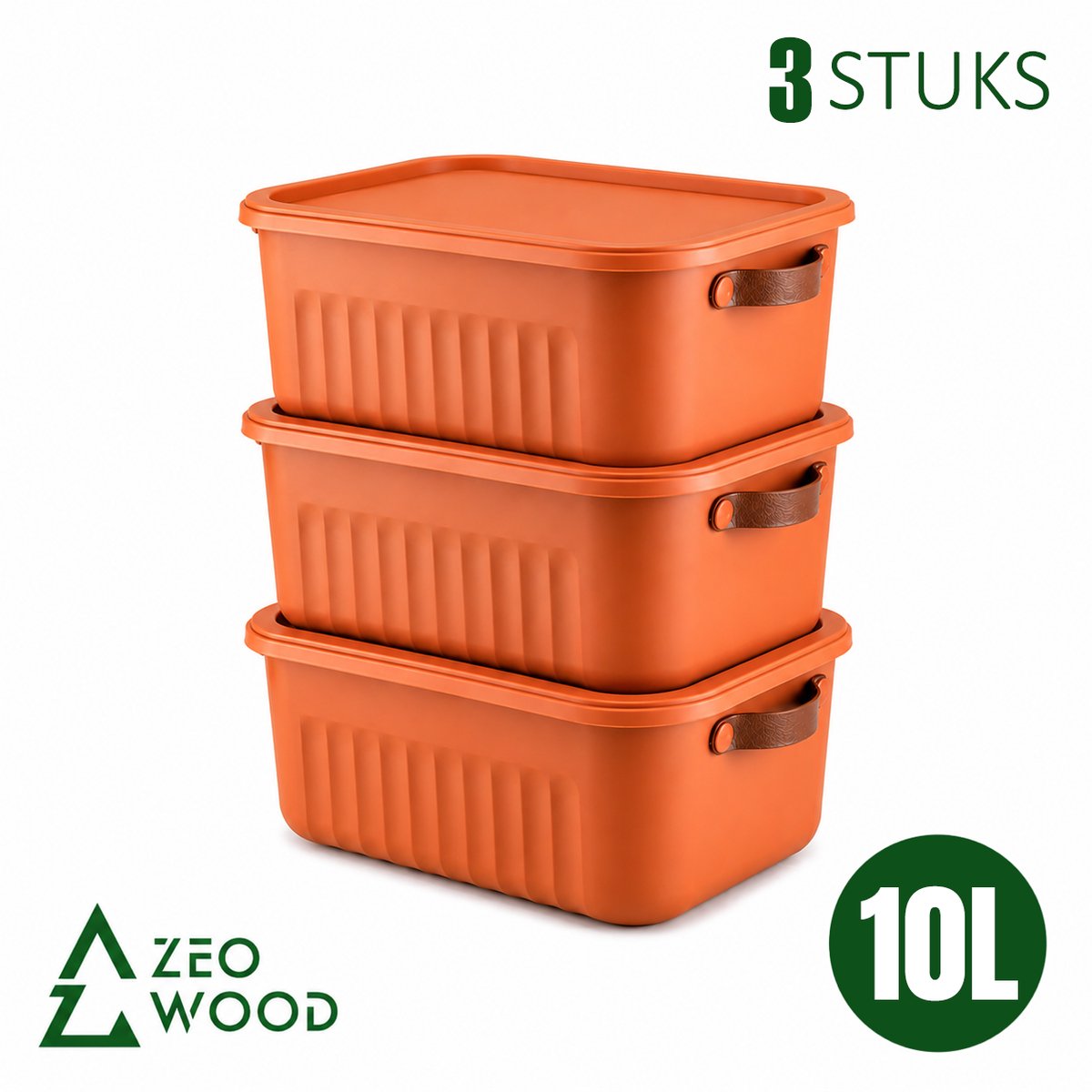 Zeo Wood® - Opbergbox 10L - Opbergdozen met Deksel - Opbergmand met Deksel - Set van 3 - Terracotta