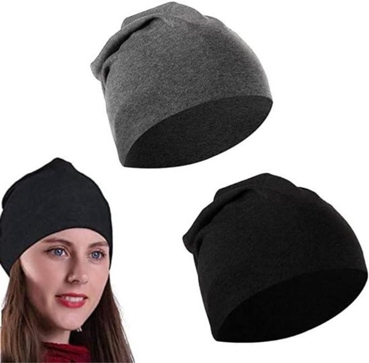 Zachte slaapmuts uniseks chemo nachtmuts ademend zwart grijs 2 stuks 19cmx16cm