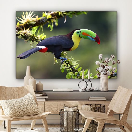 Tableau sur toile Un toucan sur une brindille fleurie - 150x100 cm - Décoration murale