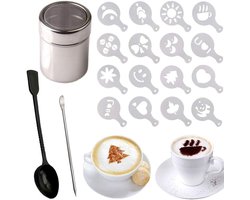 Chocolade Shaker Duster van RVS met 16 Cappuccino Barista Stencils, Maatlepel en Kunst Stencils Pen voor Perfecte Koffiecreaties