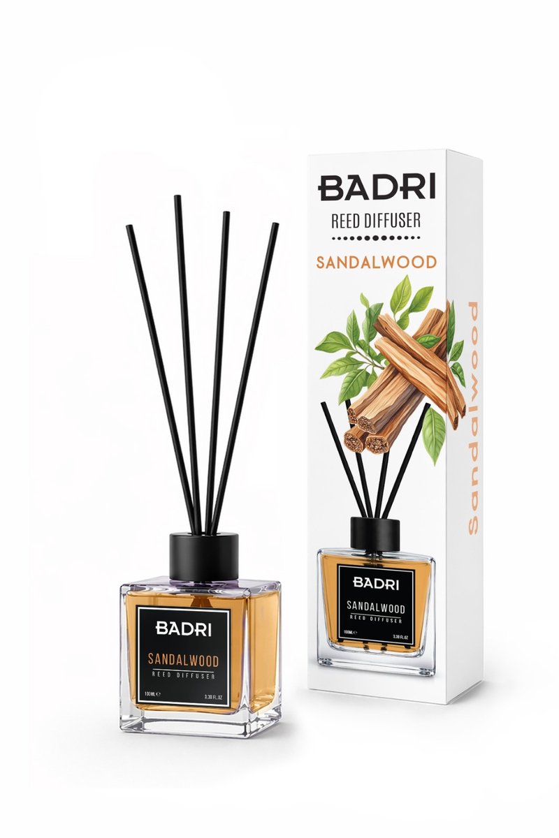 BADRI Geurstokjes Sandalwood 100ML - Luxe Reed Diffuser met Sandelhout Geur voor Woonkamer & Badkamer