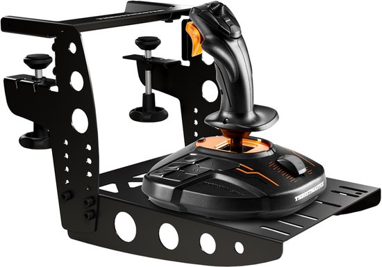 Zwarte metalen Thrustmaster Flying Clamp met zwarte joystick en oranje gashendel.