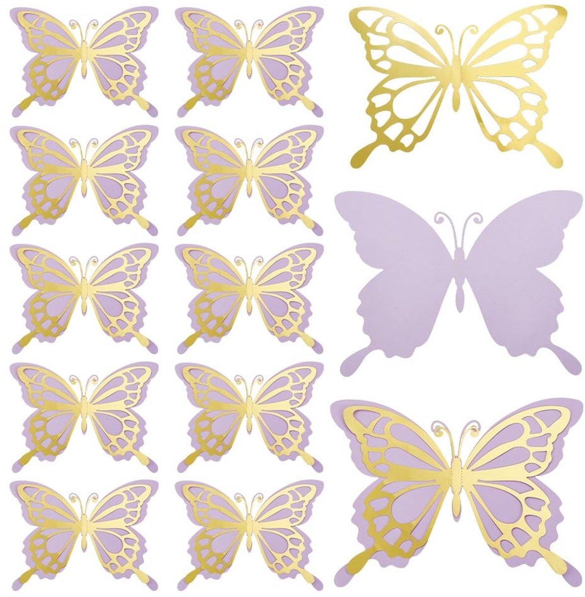aladdien - Vlinderfeestdecoratie - Papieren Vlinderstickers - 3D Wanddecoratie - Goud en Paars - Verjaardagsfeest - Kinderkamer Decoratie - Bruiloft..