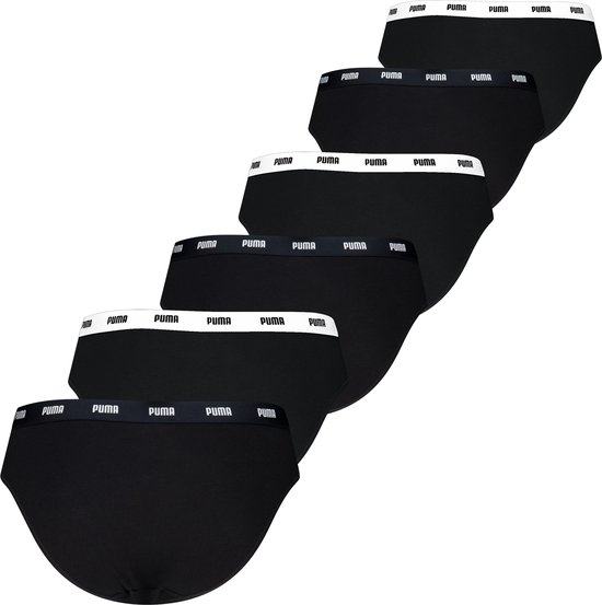 Six slips en coton noir Puma pour femmes, taille M, avec une ceinture élastique ornée du logo PUMA.