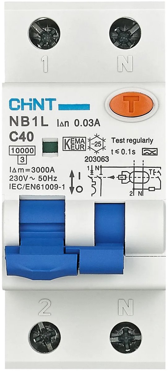 Chint aardlekautomaat 1-fase, 1-polig+nul 40A C-kar 30mA 6kA type A (NB1L 1PN C40) - 203251