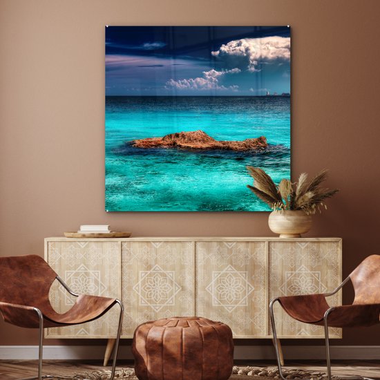 ® Glasschilderij 90x90 cm - Schilderij acrylglas - Skyline van Cancun met helderblauw water - Foto op glas - Muurdecoratie woonkamer - Wanddecoratie slaapkamer - Schilderijen