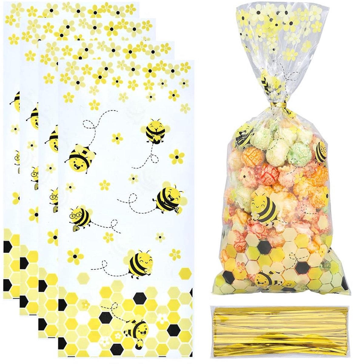 ONF3 - Cellofaan Zakjes - Candy Treat Bags - 100 Stuks - Geel met Bijenprint - Feestartikelen - 27.5x12.5 cm - Geschikt voor Verjaardag en Bruiloft