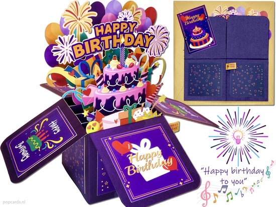 Popcards Pop-up Kaart - Grote 3D Muziekkaart Verjaardagskaart Surprise Box - Met Muziek en Dansende Lichtjes! Happy Birthday Wenskaart 3D kaart