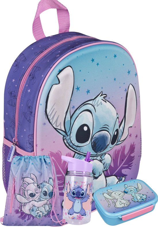 Stitch 3D Schoolset Meisjes – 4 Delig – Rugzak, Lunchbox, Drinkfles & Gymtas – Paars