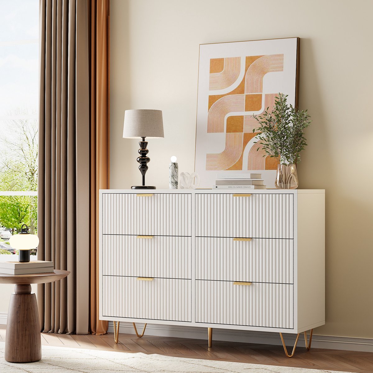 Commode, opbergmeubel met 6 laden, eettafel, nachtkastje, multifunctioneel meubelstuk, geschikt voor hal, slaapkamer, woonkamer, badkamer, 100 x 34 x 73 cm (wit)