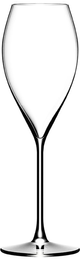 Een helder champagneglas met een slanke stam en een tuitvormige kelk, geïsoleerd op een witte achtergrond.