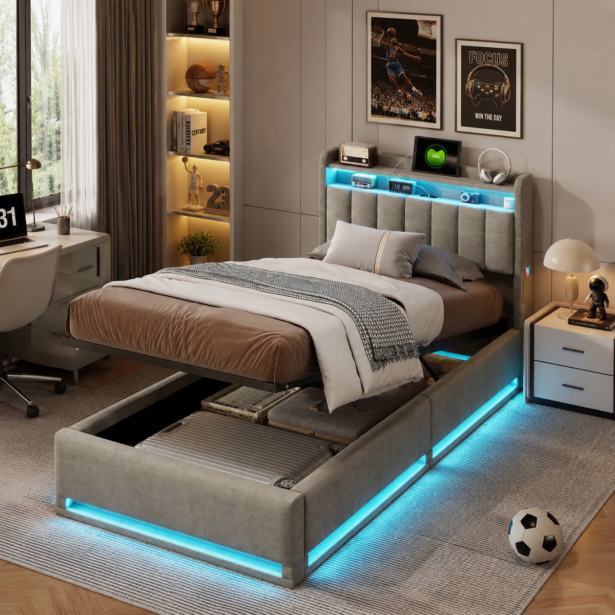 MEXUS Opbergbed 90x200 cm met ledverlichting - Gestoffeerd bed met USB-aansluiting - Eenpersoonsbed Hoofdbord met opbergfunctie - Hydraulisch BED- fluweel Grijs