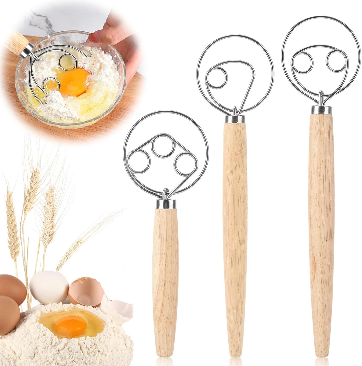Deense Deegbroom Set van 3 - Deegborstel met Houten Handgreep voor Brood, Taart en Pizza