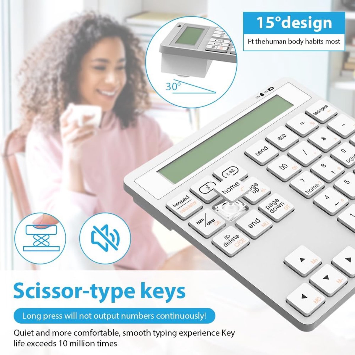 Draadloos 2-in-1 Numpad en Rekenmachine (34 Toetsen) - Dual Mode Bluetooth & USB Ontvanger voor PC, Mac, Laptop