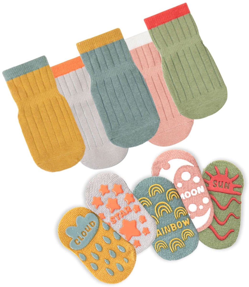 ONF3 - Katoenen babysokken - Antislip sokken - Schattige peutersokken met handgrepen - Meerkleurig - Cartoon-fruit - Geschikt voor jongens en me...
