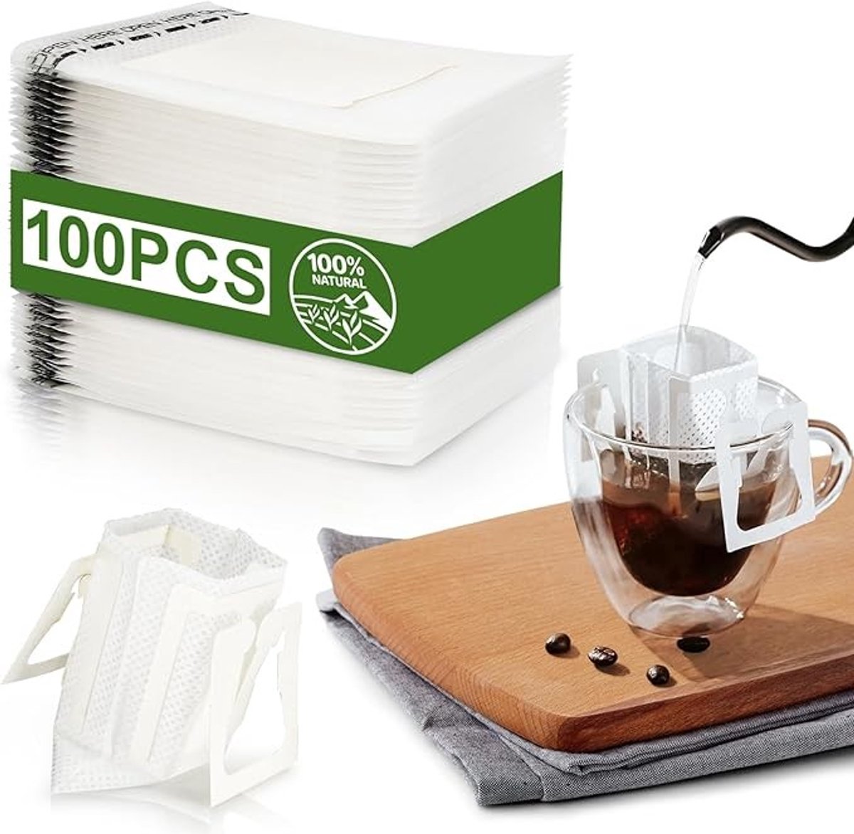 Draagbare koffiefilters met inhangoren, 100 stuks, milieuvriendelijk
