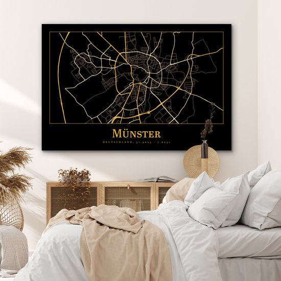 Aluminium schilderij 180x120 cm - Wanddecoratie metaal - Kaart - Münster - Duitsland - Goud - Zwart - Metalen muurdecoratie woonkamer - Decoratie industrieel - Foto op dibond - Industriële accessoires slaapkamer