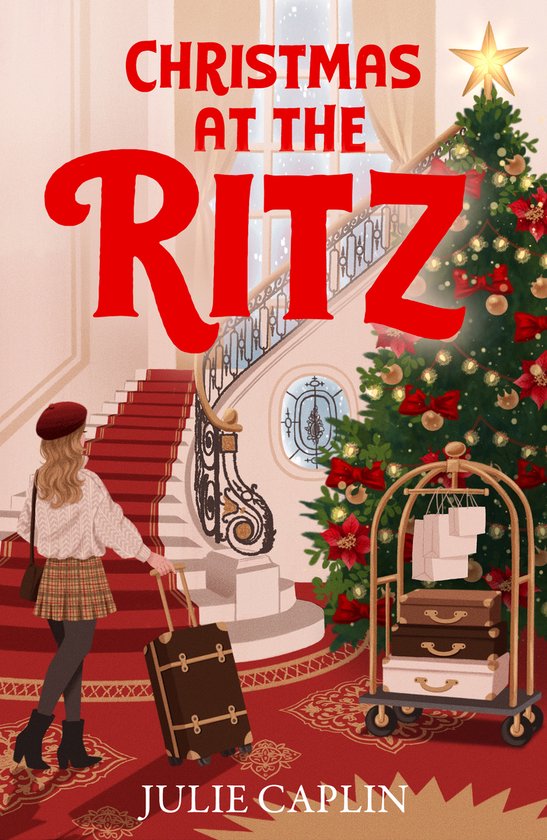 Boekkaft "Christmas at the Ritz" met vrouw bij trap, kerstboom, bagagekar en inscriptie "JULIE CAPLIN".