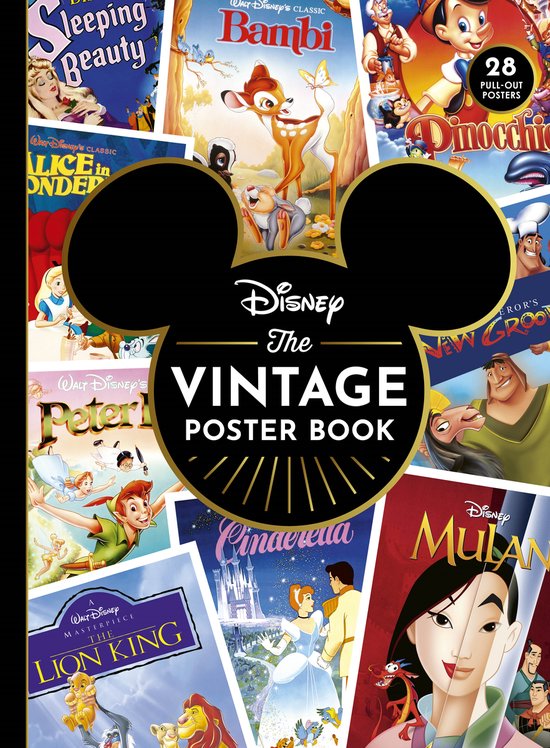 Boekomslag van 'Disney The Vintage Poster Book' met posters van Bambi, Doornroosje, Alice in Wonderland, Peter Pan, De Leeuwenkoning, Assepoester, Mulan en meer.