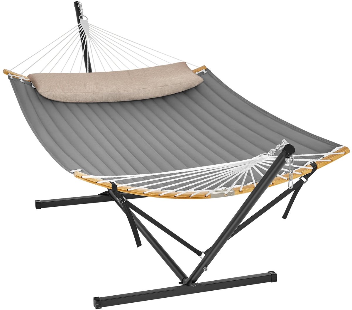 Velmio Tuinhangmat - Met Frame - Hangmat - Met Dubbele Bevestigingsstang - Met Kussen - 140 cm Breedt - Grijs