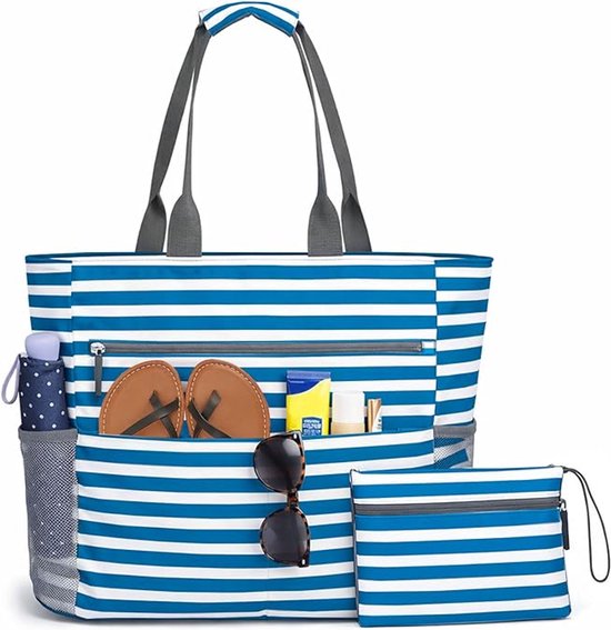 Grote Strandtas Dames XL - Shopper met Zijvakken & Rits - Shopper / Zomertas - 40×40cm - Voor Vakantie & Strand - blauw en wit
