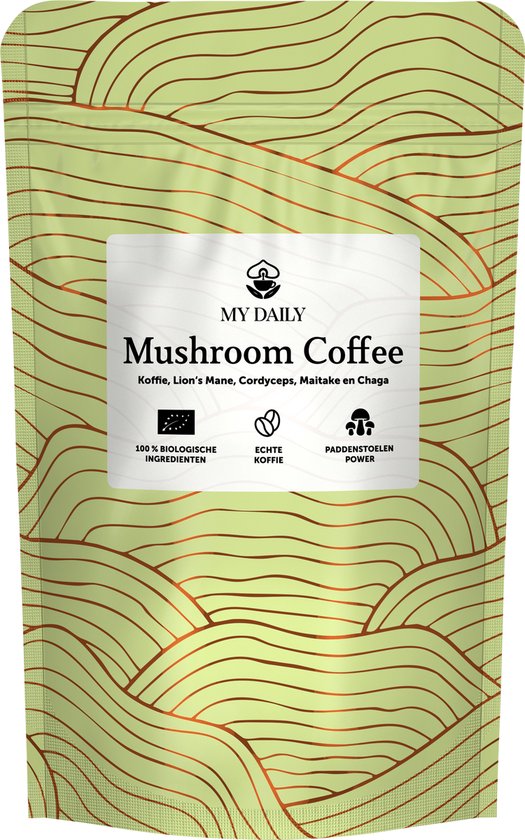 Verpakking van My Daily Mushroom Coffee met koffiebonen, Lion's Mane, Cordyceps, Maitake en Chaga.