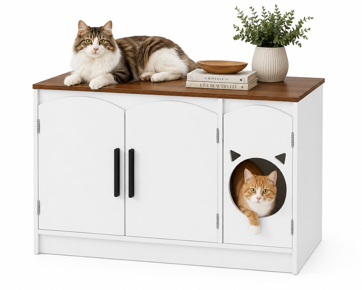 CINK Pets® Kattenbak Kast – Verborgen Katten Toilet Meubel – Moderne Kattenbak Ombouw met Deuren – Wit/Walnoot – 80 cm