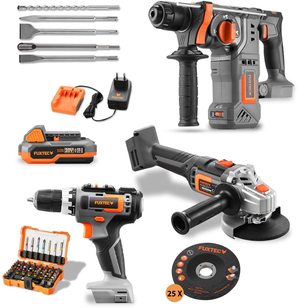 20V accugereedschapspakket - FUXTEC - haakse slijper, schroevendraaier en boorhamer, met batterijen en accessoires