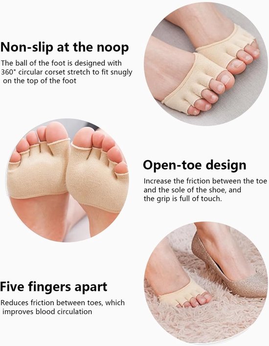 Set van 4 paar teensokken: 5 paar onzichtbare sportsokken voor yoga, de voorvoet, dames en antislipzolen, kaki — afbeelding 3