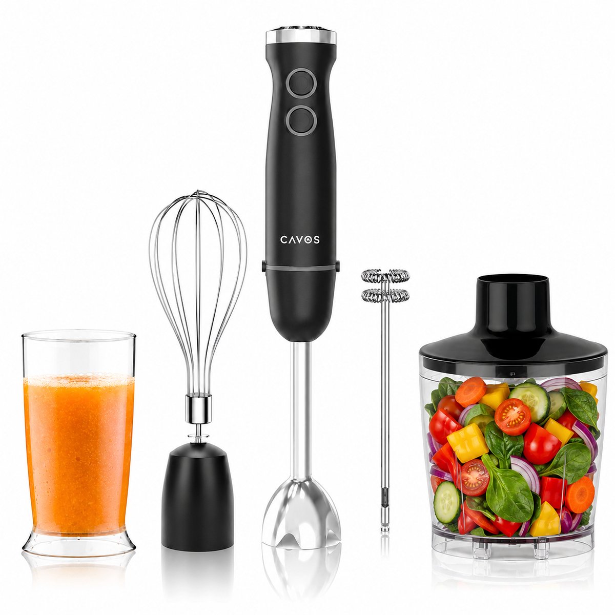Cavos Staafmixer 5-in-1 set - 1500W - 20 Snelheden + Turbofunctie - Vaatwasserbestendig - Incl. Hakmolen, garde, melkopschuimer & Maatbeker - RVS