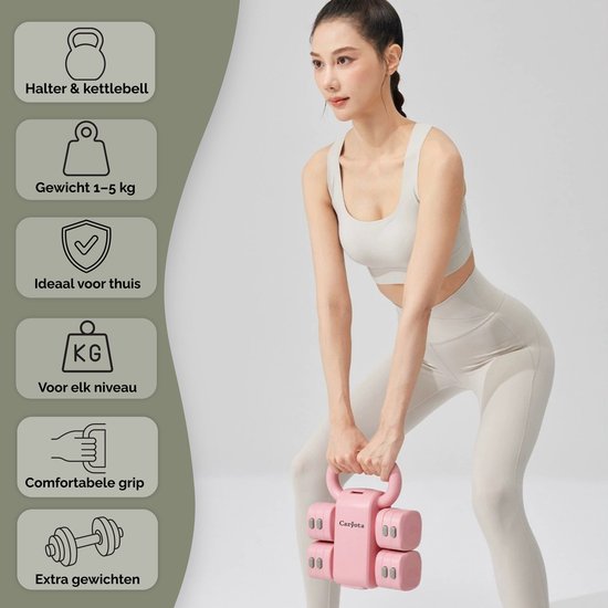 Vrouwen sporten met roze verstelbare kettlebell en dumbbells thuis.