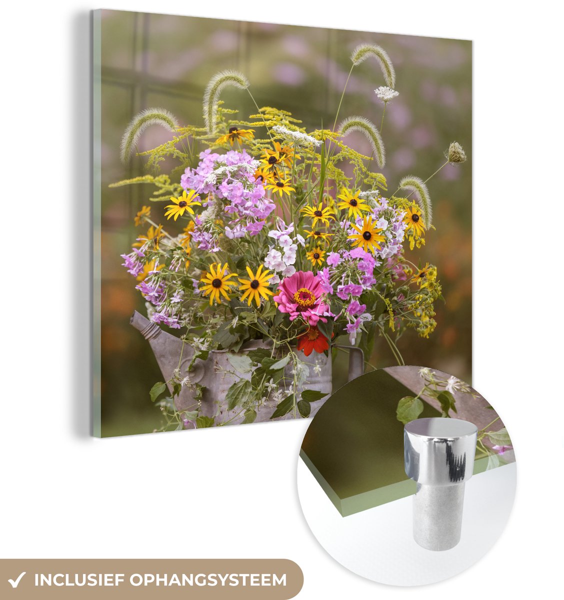 ® Glasschilderij 90x90 cm - Schilderij acrylglas - Bloemen - Gieter - Kleur - Foto op glas