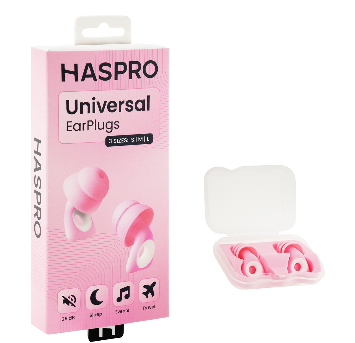 Haspro Herbruikbare Siliconen Oordoppen – SNR 29 dB – Geluidsdempende Oordoppen voor Slapen, Reizen & Werken – Inclusief S/M/L Tips & Opbergcase - Roze