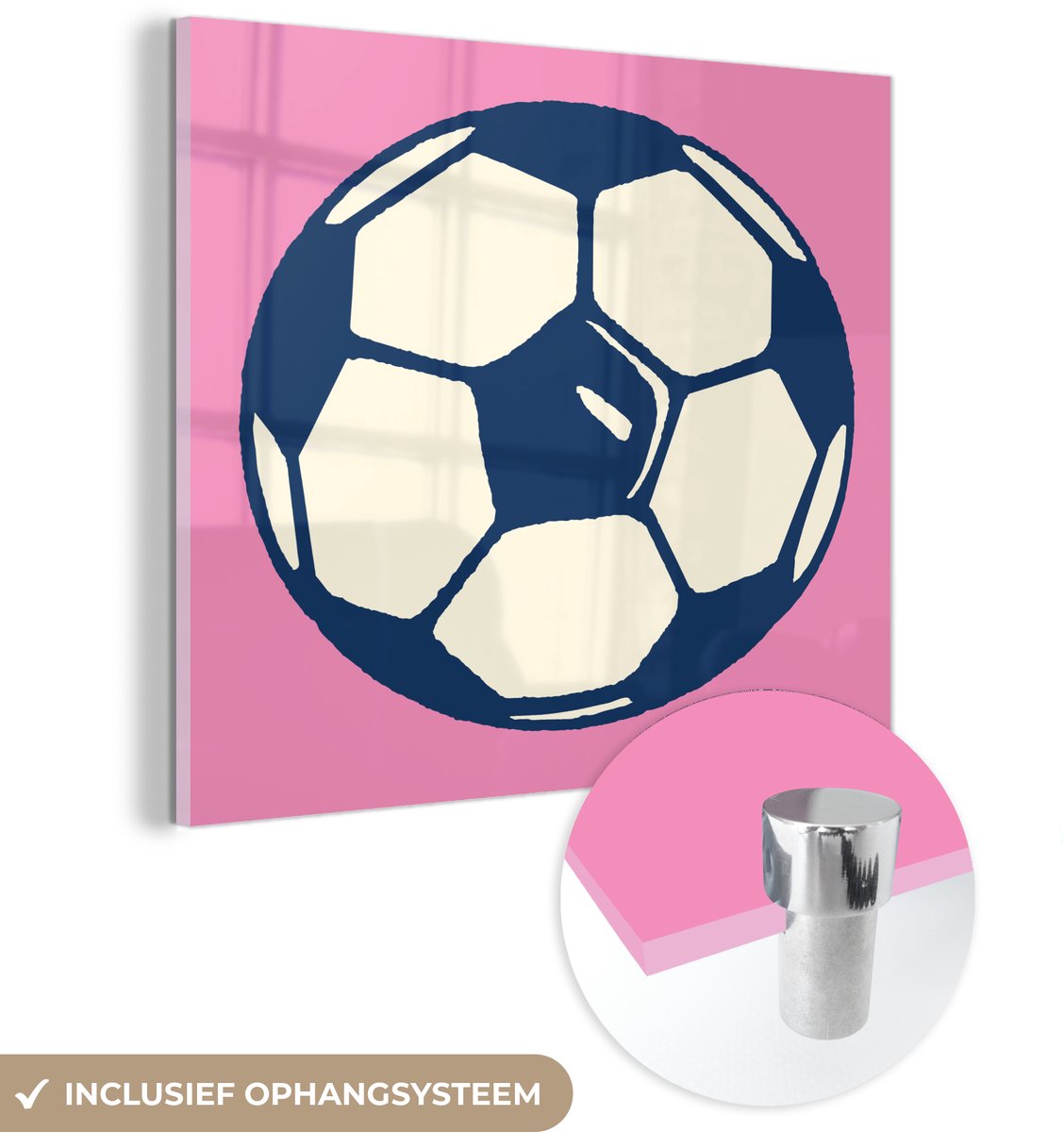 ® Glasschilderij 90x90 cm - Schilderij acrylglas - Een illustratie van een voetbal op een roze achtergrond - Jongetjes - Meisjes - Kids - Foto op glas - Muurdecoratie woonkamer - Wanddecoratie slaapkamer - Schilderijen