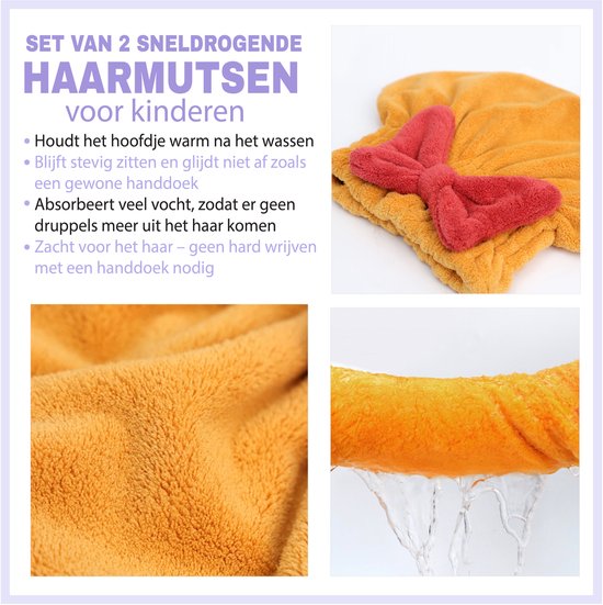 Set van 2 Sneldrogende Haarmutsen voor Kinderen - Microvezel Handdoekmuts met Grote Strik - 3 Maanden tot 3 Jaar — afbeelding 2