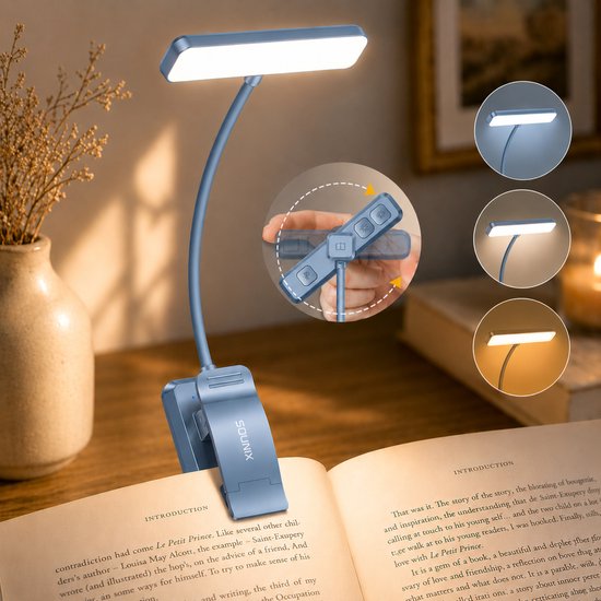 Sounix LED Leeslampje voor Boek met Klem - 315° draaibaar Leeslamp - 24 LED - Boeklampje met 3 Lichtstanden - Oplaadbare boeklamp USB - Dimbaar - Blauw