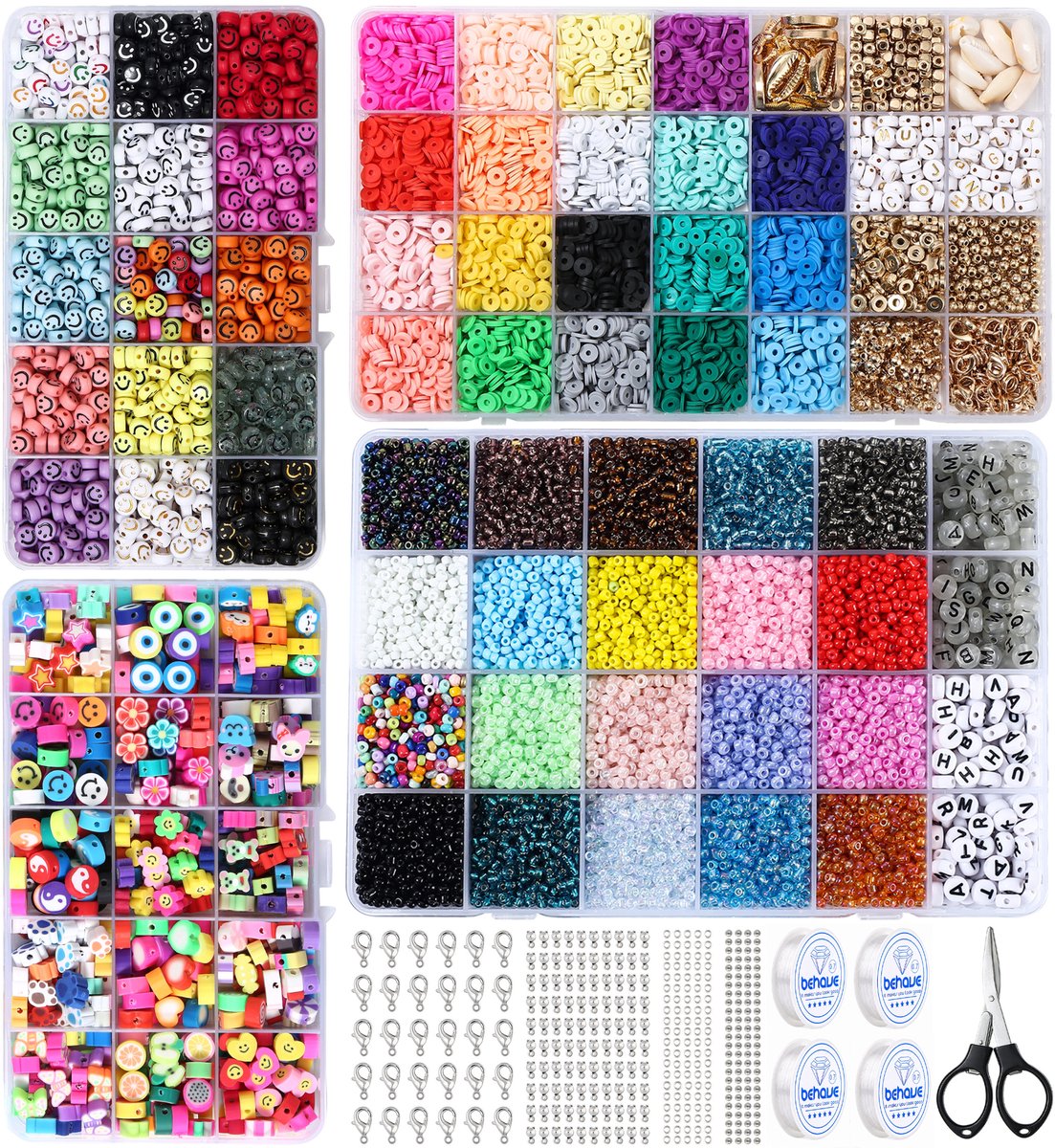 Behave Mega Kralen Pakket Ultimate — 15.083 Kralen — Glas 3 mm + Katsuki + Smileys + Klei + Letters + Rijgdraad