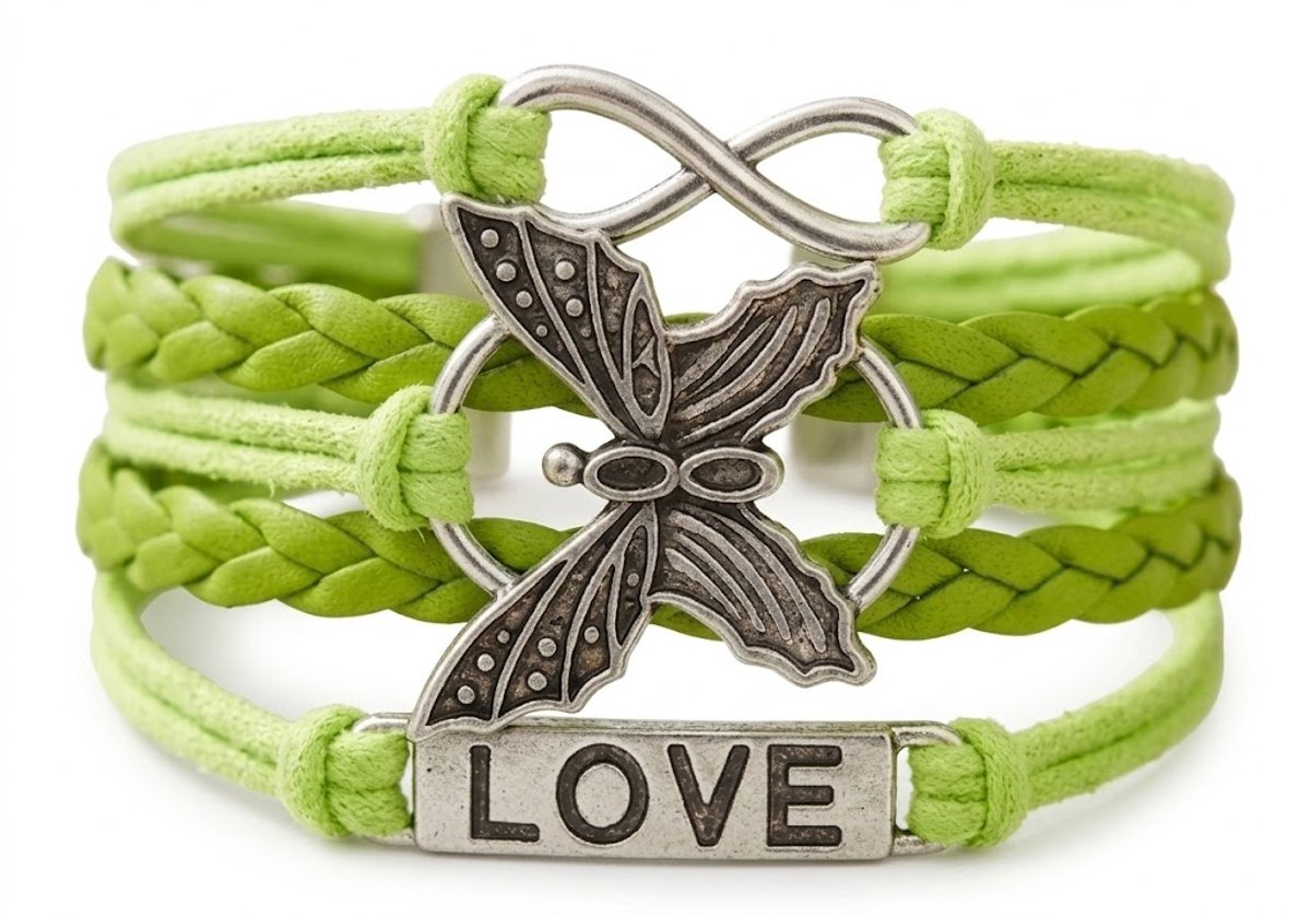 Groene Love Armband voor dames vrouwen met Vlinder en Infinity Symbool – Vlechtarmband met Charms