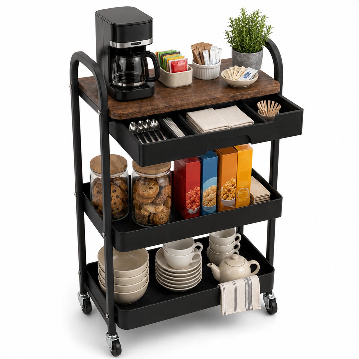 Keuken trolley met lade op Wieltjes - 3 laags - Keukenrek - Serveerwagen - Kastje - Karretje - Opberg - Douche kastjes staand - Rekje - Zwart - Luft