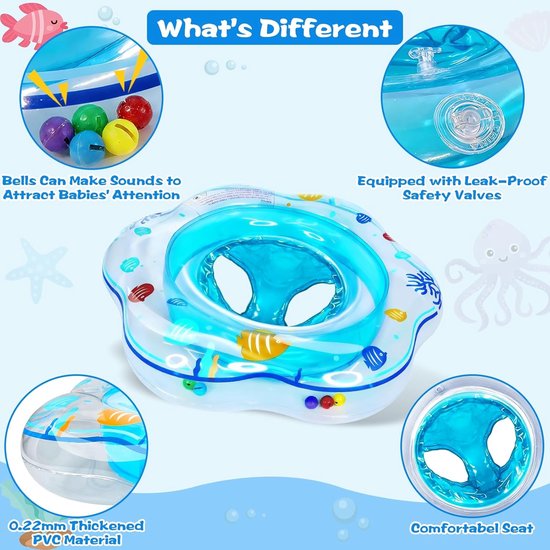 Babyzwemring - zitring - buikring voor baby's - opblaasbare drijfmat - zwemhulpmiddel - geschikt voor zwemtraining van baby's en peuters van 6-12 maanden - blauw - 52 cm - binnendiameter 21 cm — afbeelding 4