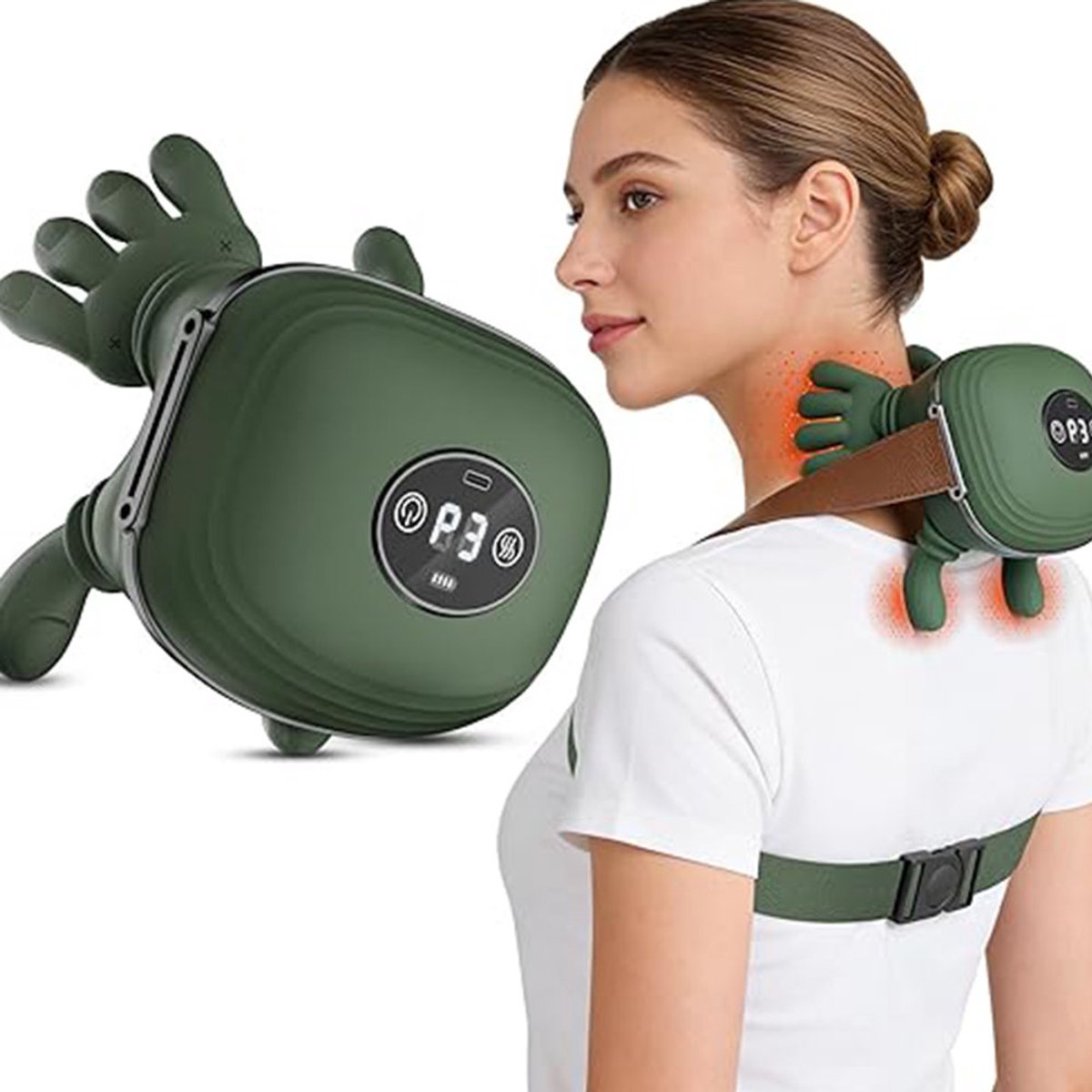 Gloovon® Schoudermassage Apparaat - Ergonomisch & Draadloos - Geschikt voor Stijve Nek en Spierpijn - Met Warmtestanden - Groen